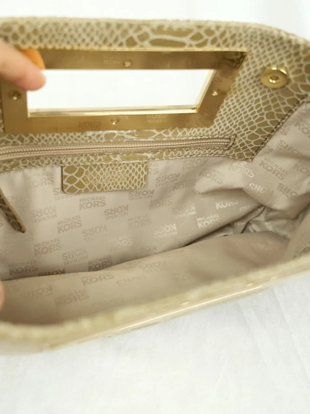 Michael Kors Snakeskin Clutch Gold Metal Handles Soft Beige Purse